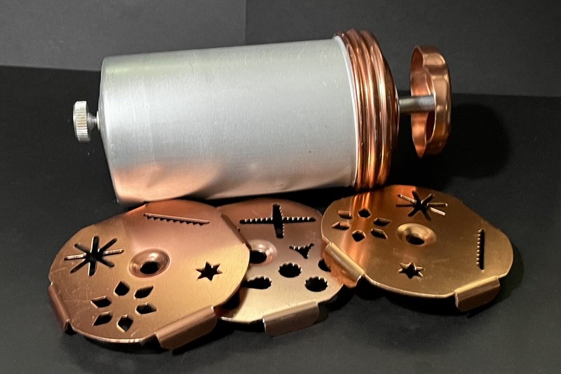 Vintage Mirro Aluminum Copper Dial A Cookie Press with 3 Copper Discs 12 Shapes