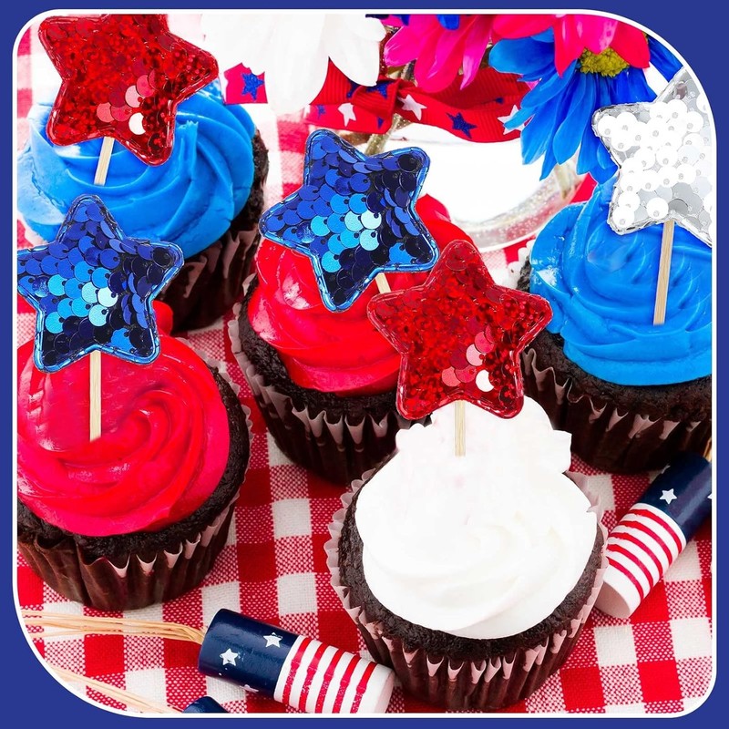 120 Pcs Glitter Star 4th of July Cupcake Toppers Patriotic Cupcake Picks Blue gallery