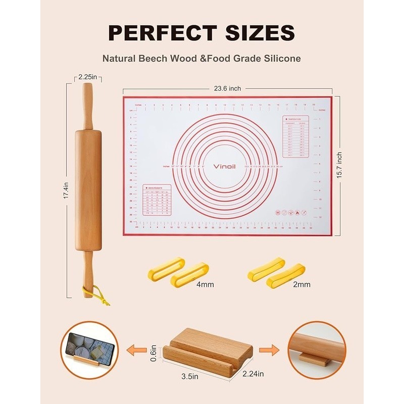 Beech Wood Rolling Pin Set Adjustable Thickness Rings Silicone Pastry Mat Stand gallery