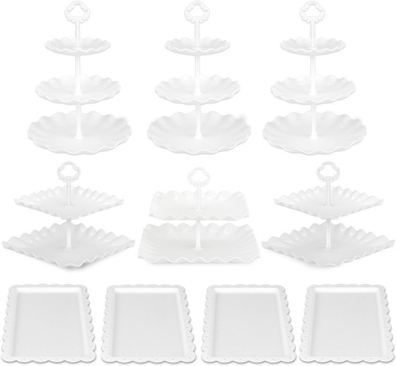 11Pc Cake Stand Set Cupcake Display Tiers Appetizer Trays Tablecloth White Set gallery