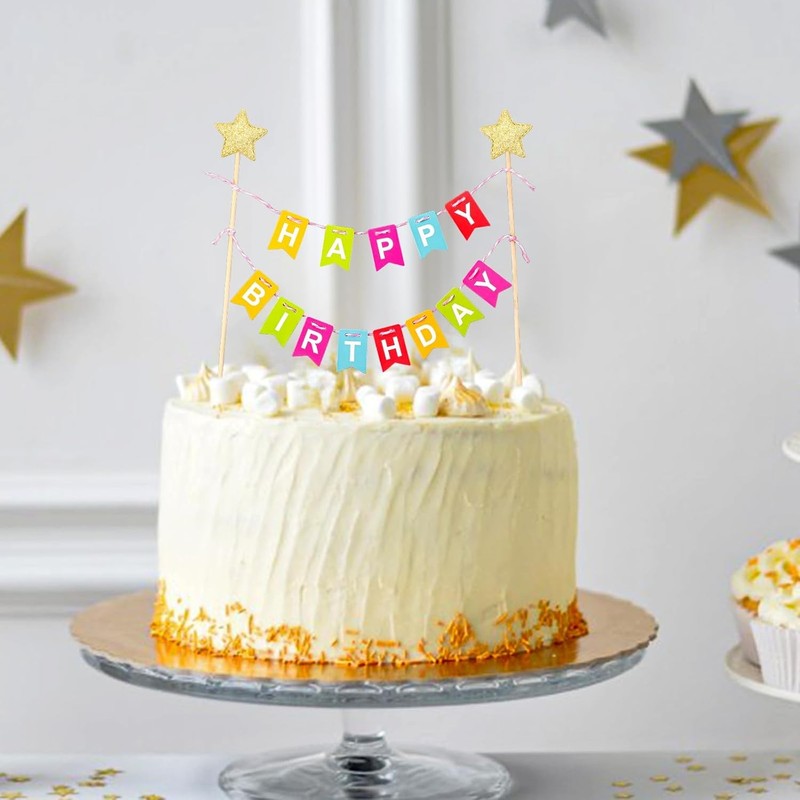 1 Set Mini Rainbow Cake Topper, Happy Birthday Cake Flag Banner, Golden Star gallery