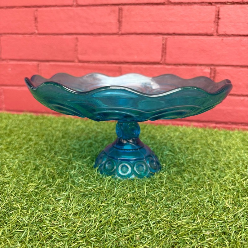 Vintage LE Smith Teal Moon and Stars Glass Pedestal Cake Stand Candy Dish gallery