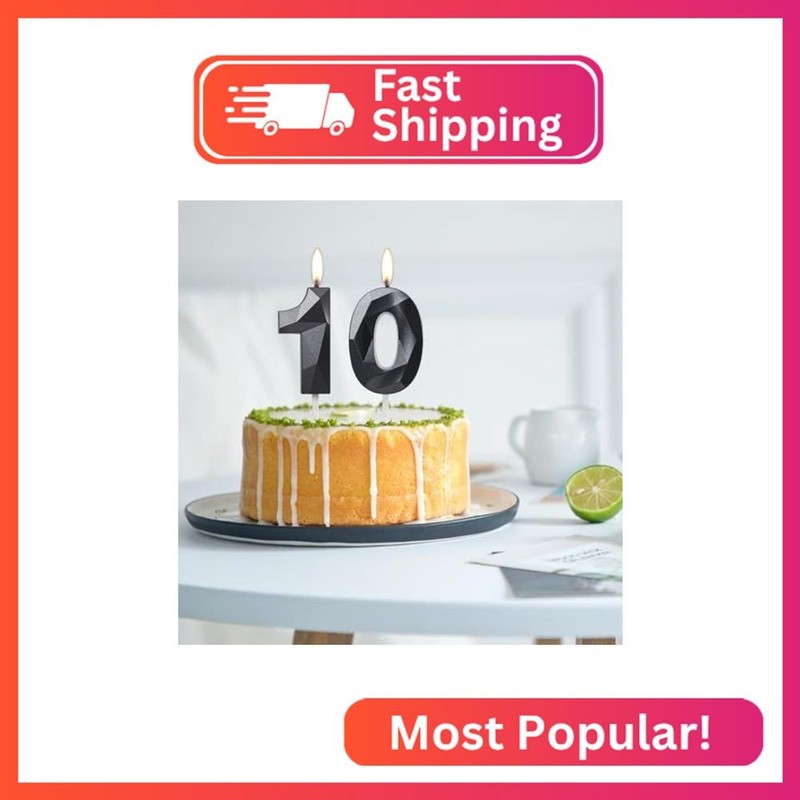 Number 10 Candles,10th Birthday Candles, Black Happy Birthday Candle for Cake,3D gallery