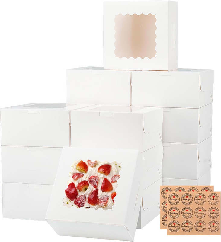 50Pcs 6X6X3 Inches Bakery Boxes,White Bakery Boxes with Window for Valentines Da