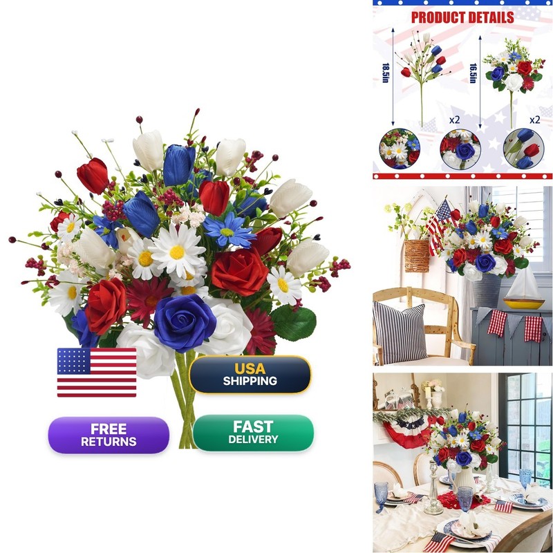 Succwoah 4PCS Patriotic Artificial Flowers Red White Blue Rose Tulip