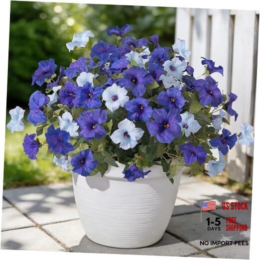 6 Pcs Artificial Flowers Fake Petunias for Outdoors, Faux Flowers Double Blue