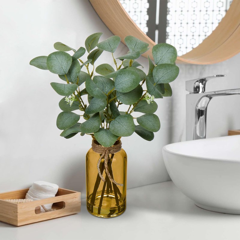 Briful Artificial Eucalyptus Stems In Amber Glass Vase Faux Water 14 Fake Plant gallery