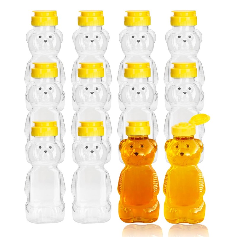 Honey Bear Bottle 12 PCS 12 oz Reusable Plastic Jar Yellow Flip Top Lid Pro