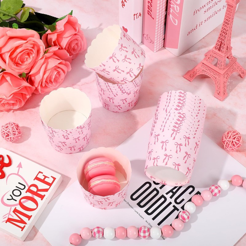 100Pcs Pink Bow Paper Baking Cups Bowknot Cupcake Wrappers Pink Ribbon Bow Sc... gallery
