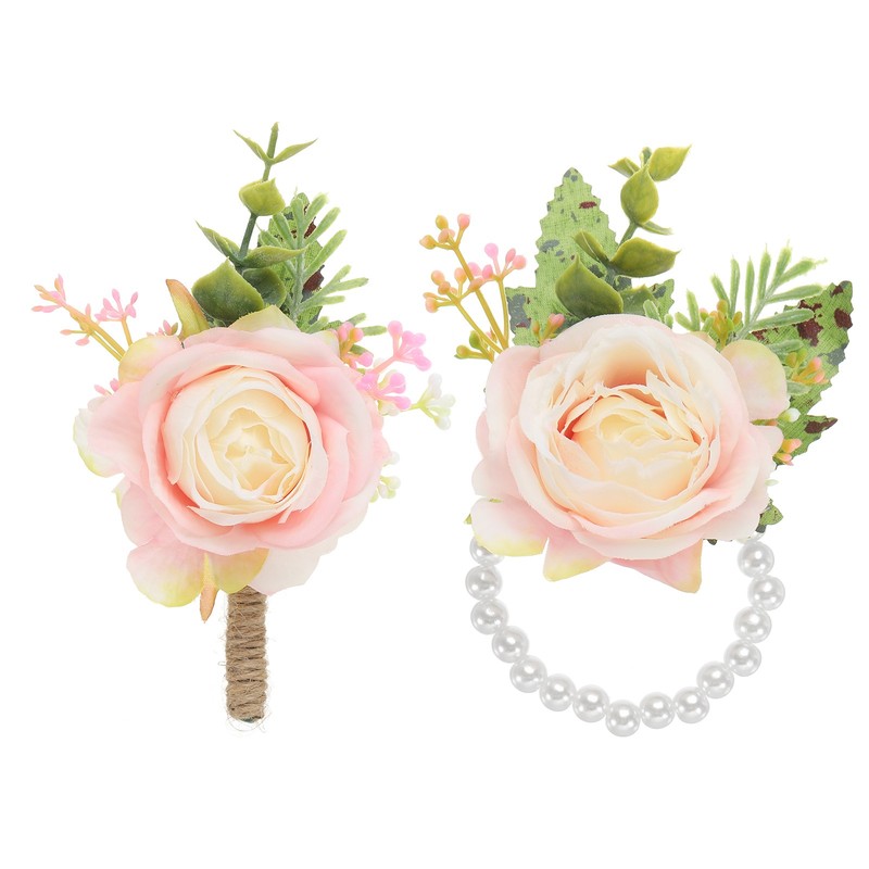 2 Pcs Rose Wrist Corsage and Boutonnieres Set, Flower Wristlet Light Pink