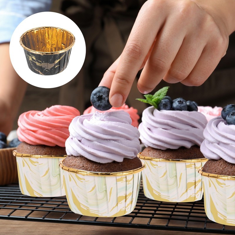 100 Pcs Cupcake Liners, Single-sided Aluminum Foil, Black Yellow (Round-Pattern) gallery