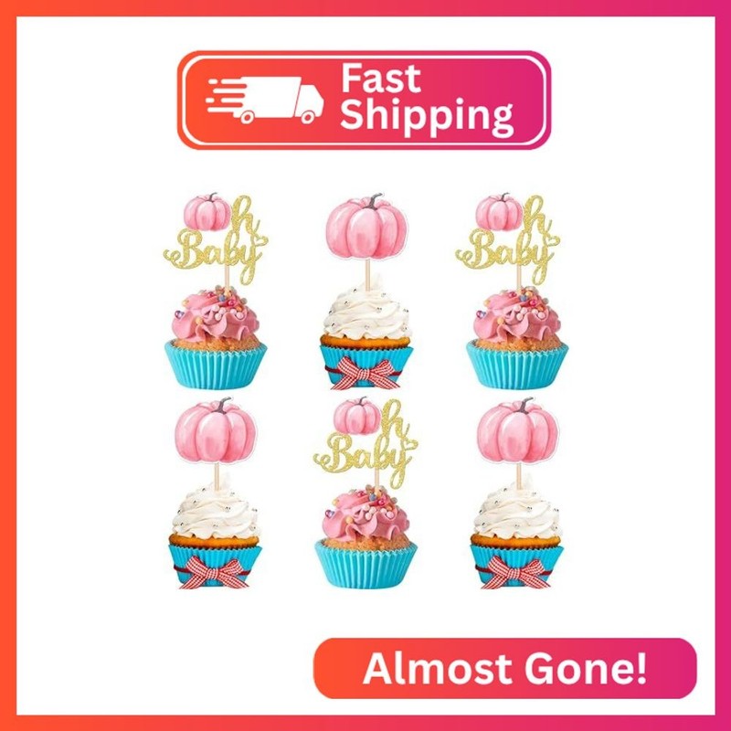 24 PCS Pumpkin Oh Baby Cupcake Toppers Glitter Fall Baby Shower Pumpkin Cupcake