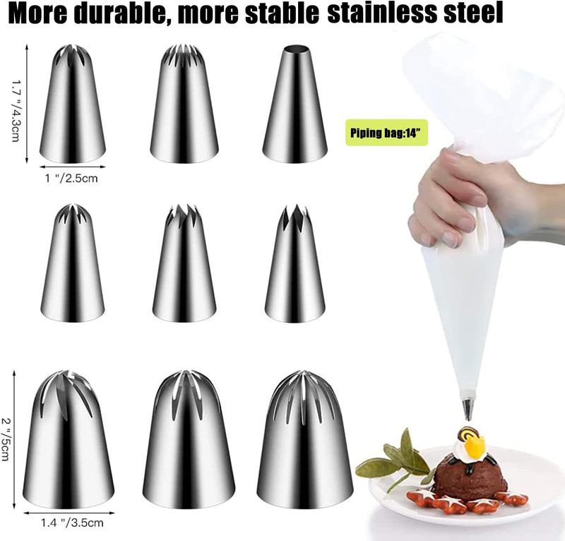 22Pcs Piping Nozzles Set, Stainless Piping Tip Set with 10 Pastry Piping Bags, a gallery
