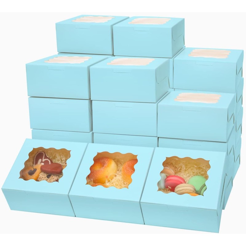 60pcs Light Blue Bakery Boxes with Window 6x6x3 inches Thick & Sturdy Macaroo…