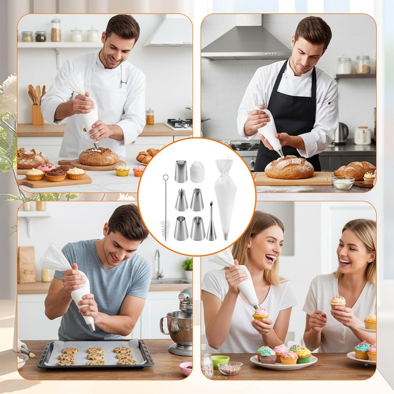 9 PCS Reusable Piping Bags & Tips Set W/ Coupler,16" Large Pastry Bag Stainless gallery