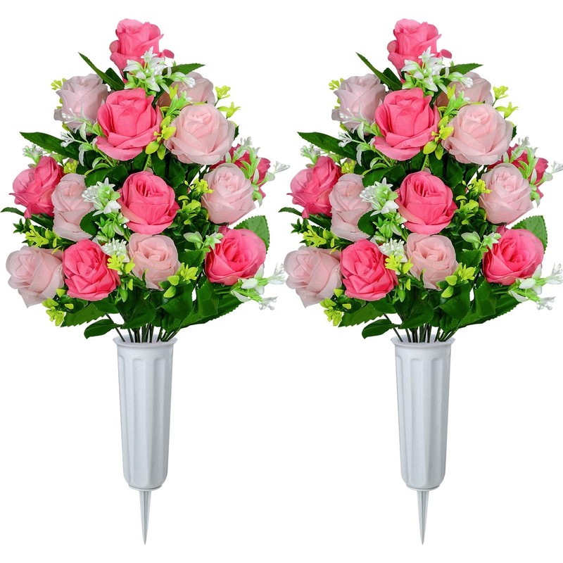 XONOR Artificial Cemetery Flowers, Set of 2 Rose Bouquet Pink-2pcs