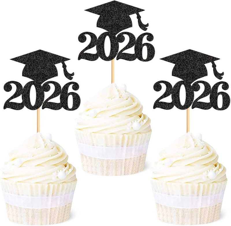 36Pcs Glitter 2026 Graduation Cupcake Toppers Black Graduation Cap Cupcake Picks