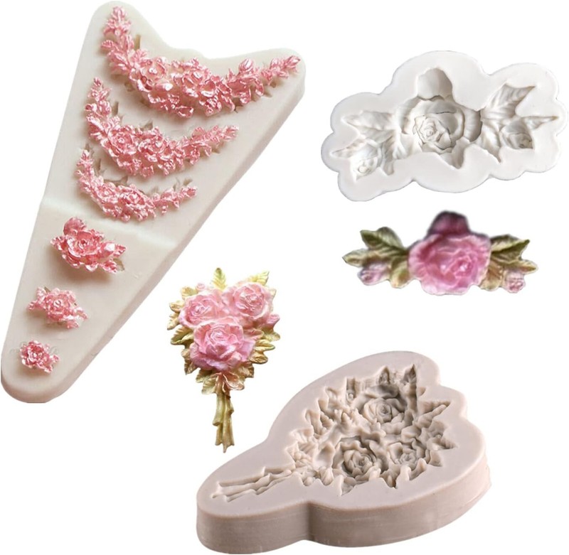 3Pcs Rose Wreath Flower Bouquet Leaves Fondant Molds for Wedding Cake Decorat…