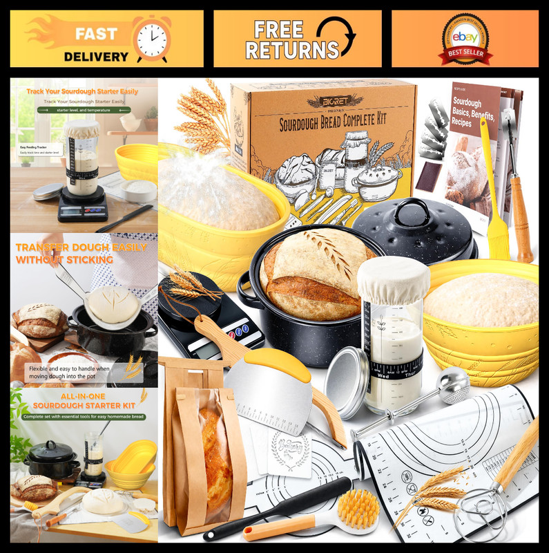 Sourdough Starter Kit for Beginners – 34 oz Jar, Silicone Proofing Baskets, Reci