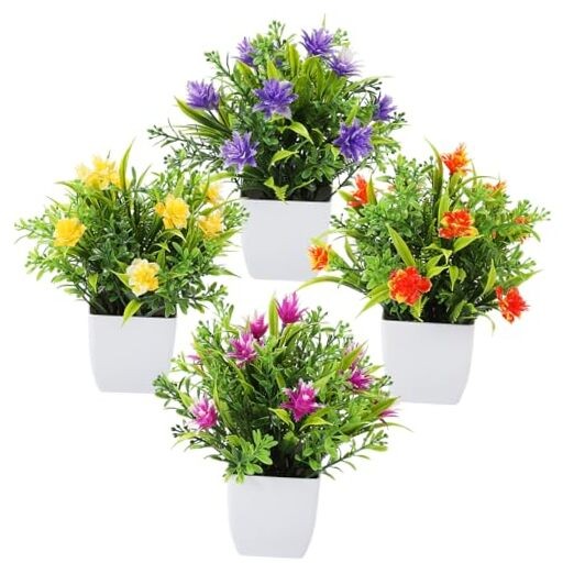 TerraVervre Fake Plants 4 Packs,Small Artificial Plants with Flowers, for Green