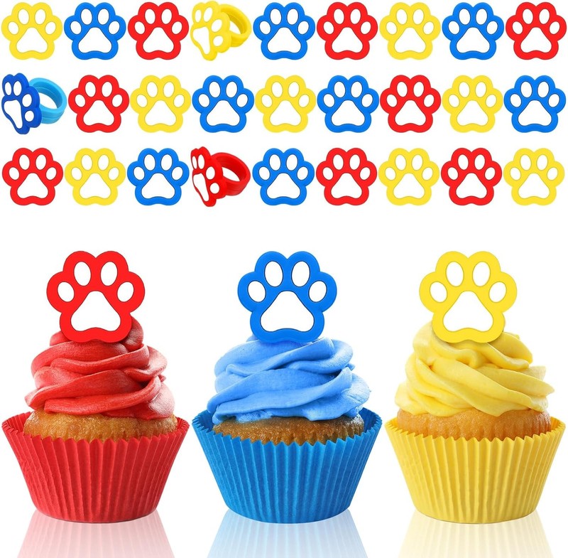 48 Pcs Paw Dog Cupcake Rings Toppers Decorations Orange Blue Red Yellow Paw Dog