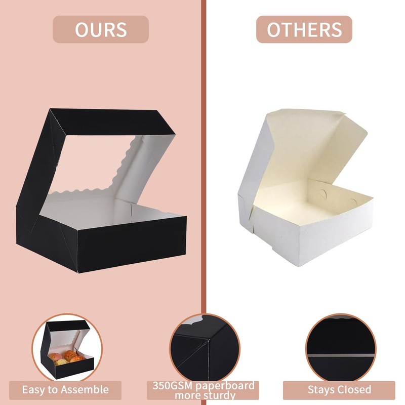 Black Bakery Cake Pastry Cookie Box Container With Window 50 PCS 8x8x2.5 Inch gallery
