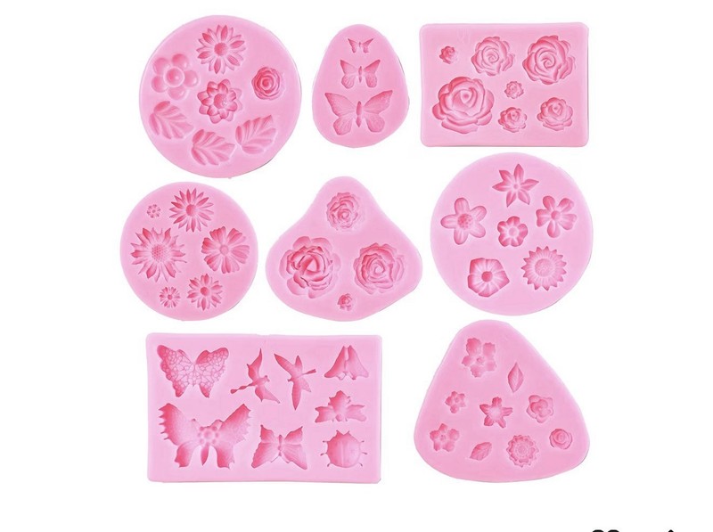 2set(14pcs)Pink Reusable SiliconSugarcraft Molds Flower Rose Butterfly Leaf Set