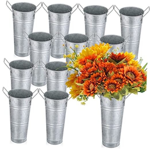 12 Pcs Galvanized Flower Bucket 9 Inch Metal Vase Farmhouse Matte Silver