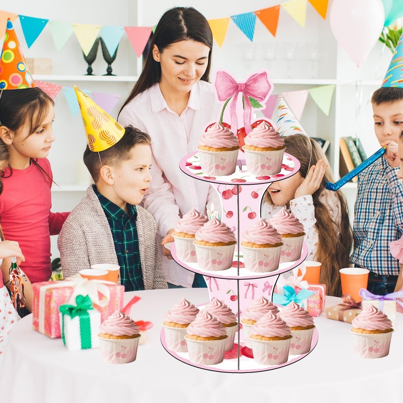 Cherry Bow Birthday Party Decorations - 3 Tier Pink Bow Cupcake Stand She's T... gallery