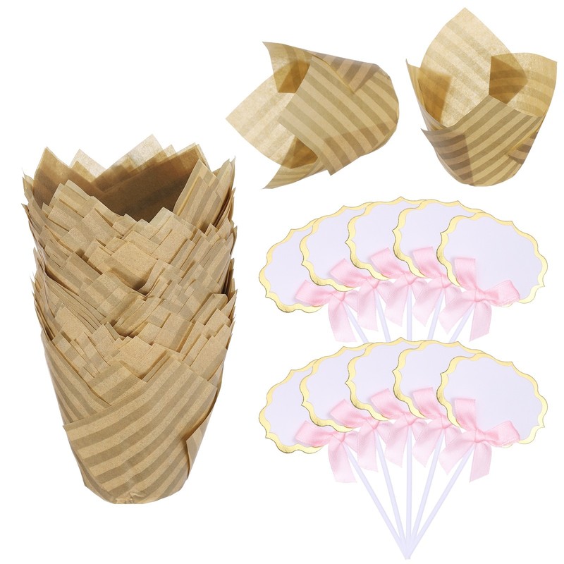 100Pcs Tulip Cupcake Liners with 10Pcs Cheese Markers Striped Liners, Natural