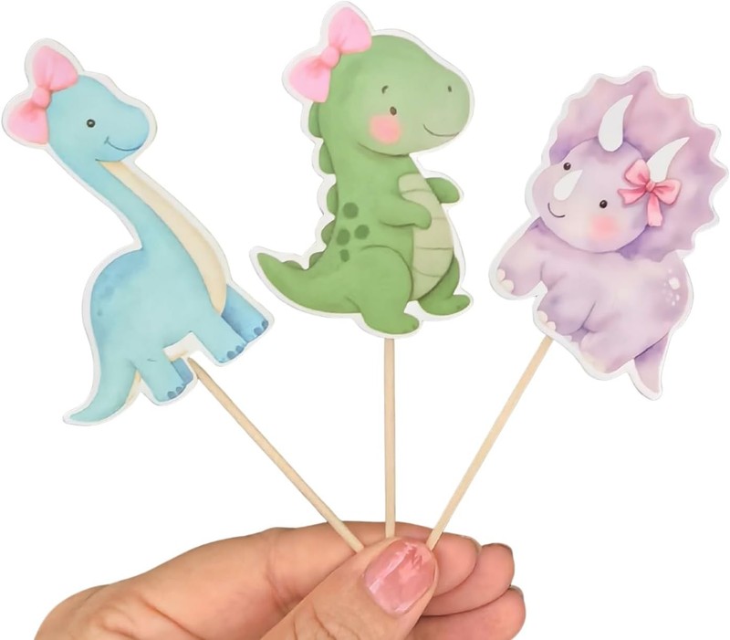 36 Pcs Pink Dinosaur Cupcake Toppers - Dino Cake Toppers for Girls Birthday, gallery