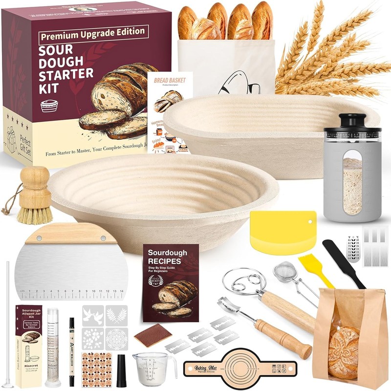 Sourdough Starter Kit with Aliquot Jar, Wood Pulp 9″ Round & 10″ Oval
