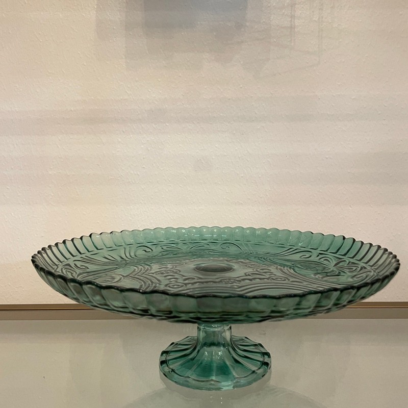 Amici Home Green Floral Footed Glass Cake Stand 10in Round Vintage Style NEW gallery