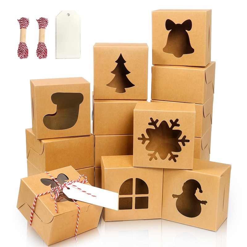 24 PCS 4x4x2.5 Inch Brown Bakery Box Window Christmas Cookie Treat Cake Gift