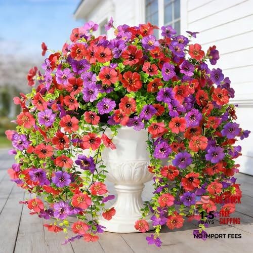 32Stems Artificial Fake Hanging Flowers for Outdoors Decor,UV 2pcs Red + Purple