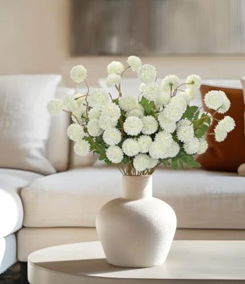 12pcs Artificial Kiku Mums Flowers – Realistic Silk Pom Pom Faux White