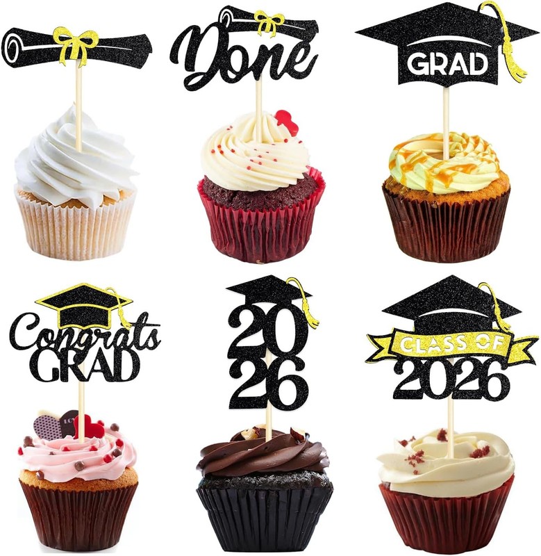 24 Pack 2026 Congrats Grad Cupcake Toppers Set, Pre Assemble Graduation Cupcake