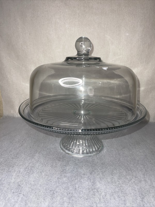 Vintage Clear Glass Pedestal 12″ Cake Ribbed Plate / Stand with Heavy Dome Lid