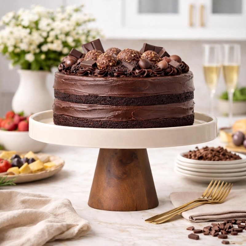 10.7-Inch Stoneware Cake Stand W/ Acacia Wood Base – Taupe Round Dessert Display gallery
