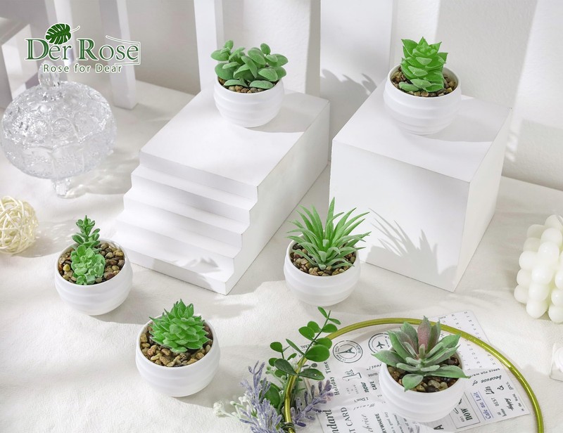 Der Rose Set of 6 Succulents Plants Artificial in Round pot-6 pack, Green gallery