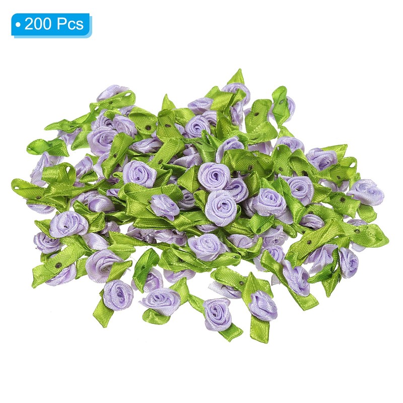 Mini Ribbon Roses, 200 Pcs Satin Fabric Flowers with Green Leaves, Light Purple gallery