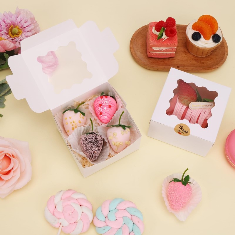 250pcs White Cookie Boxes with Window - 4x4x2.5" Bakery Treat Boxes for Cakes, D gallery