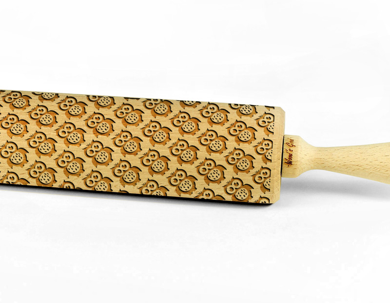 Engraved OWLS rolling pin wooden laser cut pattern unique design