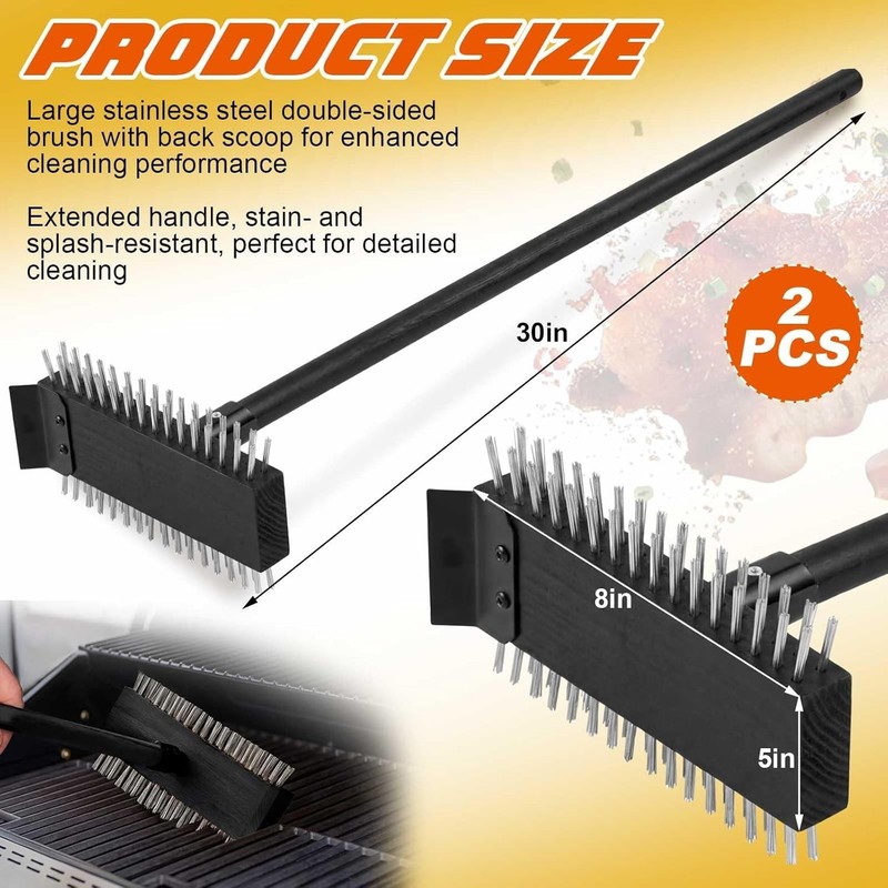 2 Pcs Black Stainless Steel Grill Brush Grill Scraper with 30'' Long Wooden H... gallery