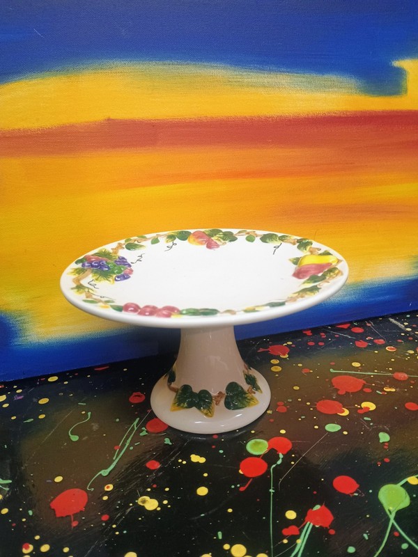 Handpainted Small Floral Fruit Design Pedestal Cake Stand Ceramic