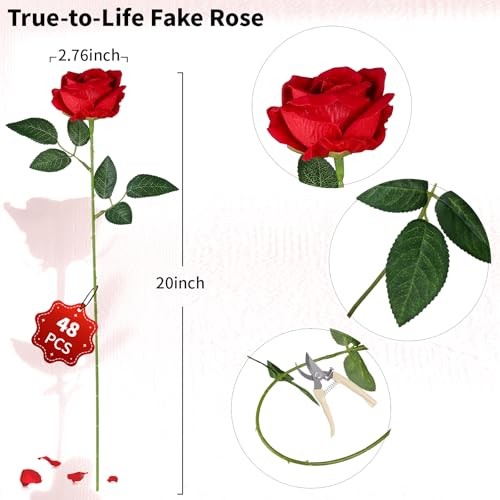 PCS Velvet Artificial Roses, Realistic Fake Silk Flowers with Bendable 48 Red gallery