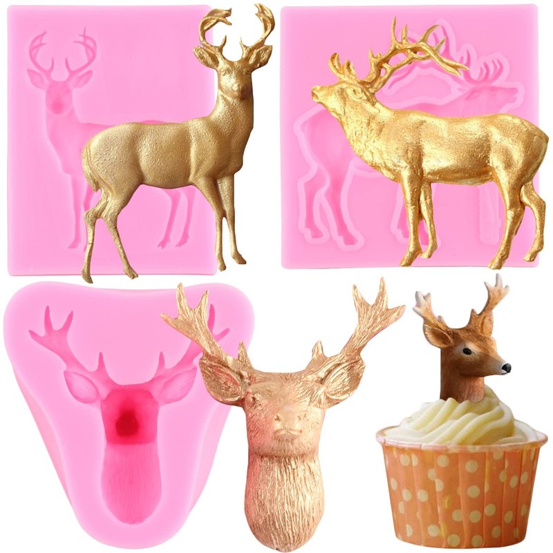 Christmas Deer Silicone Mold 3D Stag Head Fondant Molds Elk Mold For Christma…