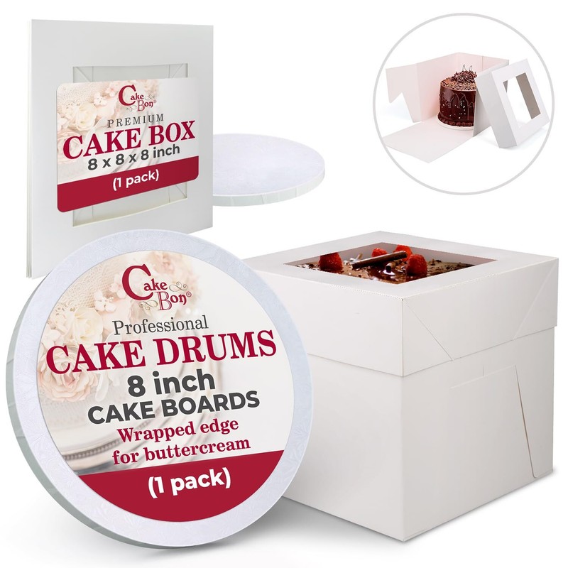 Cake Box with Board 8 Inch White with Window 1-Pack for Birthdays/Weddings