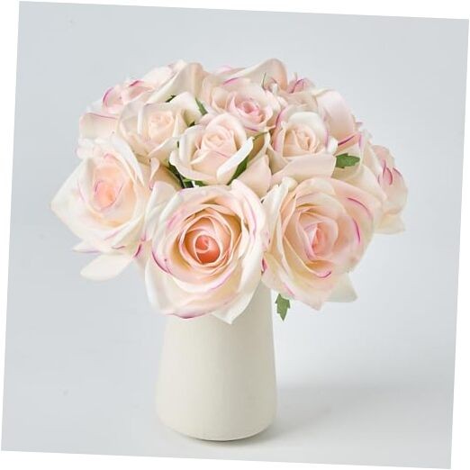 12-Piece Faux Real Touch Rose Bouquet in Ceramic Vase, Fake 10″ High Pink Edge