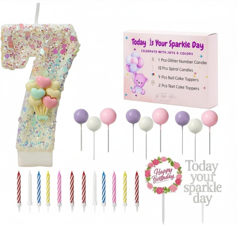 Birthday Candles Set for Cake – Number 7 Candle with 24 Piece Decoration Kit,